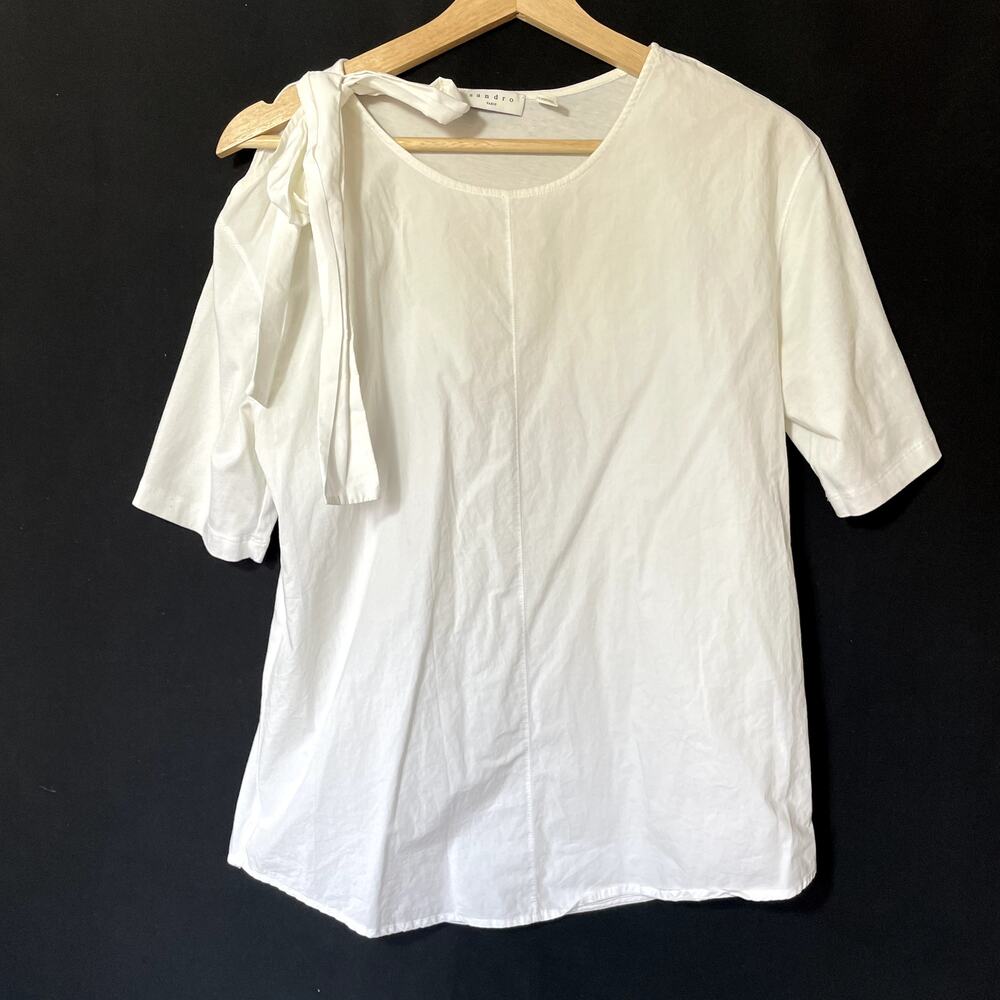 Sandro Paris cotton crepe short sleeved shirt tie cold shoulder detail women's M